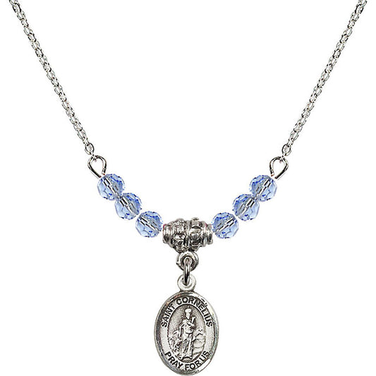 Sterling Silver Saint Cornelius Birthstone Necklace with Light Sapphire Beads - 9325