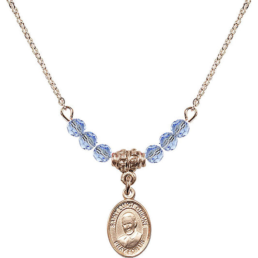 14kt Gold Filled Saint Luigi Orione Birthstone Necklace with Light Sapphire Beads - 9326