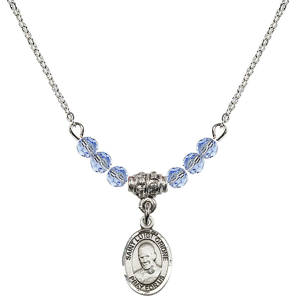 Sterling Silver Saint Luigi Orione Birthstone Necklace with Light Sapphire Beads - 9326