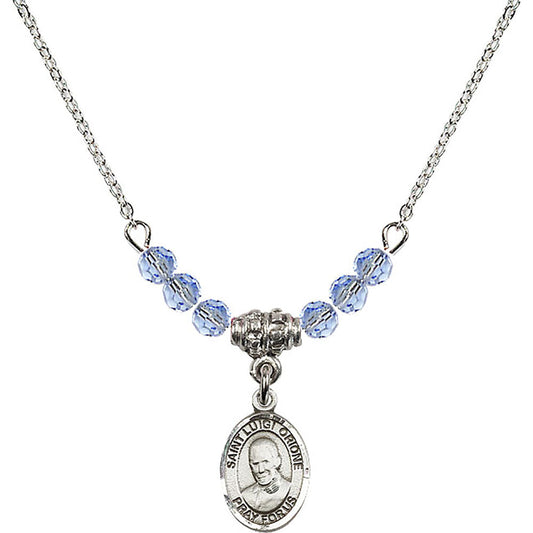 Sterling Silver Saint Luigi Orione Birthstone Necklace with Light Sapphire Beads - 9326