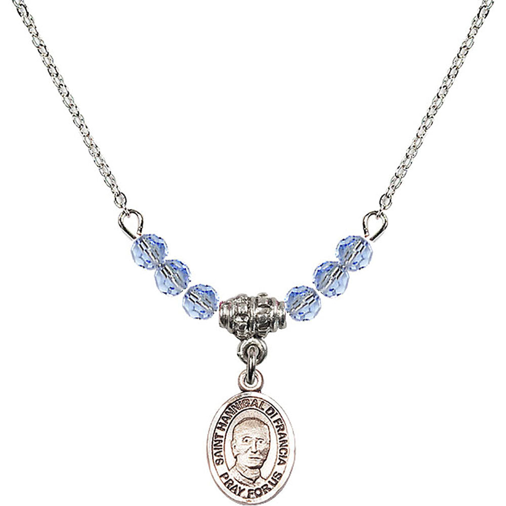 Sterling Silver Saint Hannibal Birthstone Necklace with Light Sapphire Beads - 9327