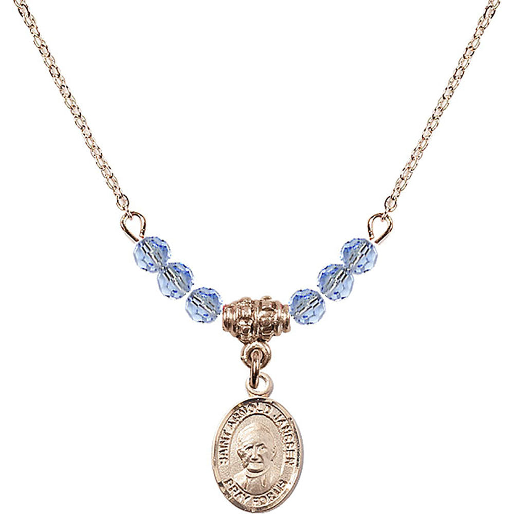 14kt Gold Filled Saint Arnold Janssen Birthstone Necklace with Light Sapphire Beads - 9328