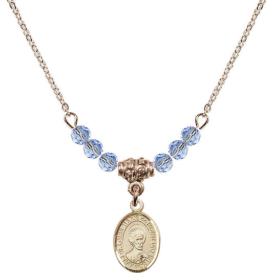 14kt Gold Filled Saint Louis Marie de Montfort Birthstone Necklace with Light Sapphire Beads - 9330