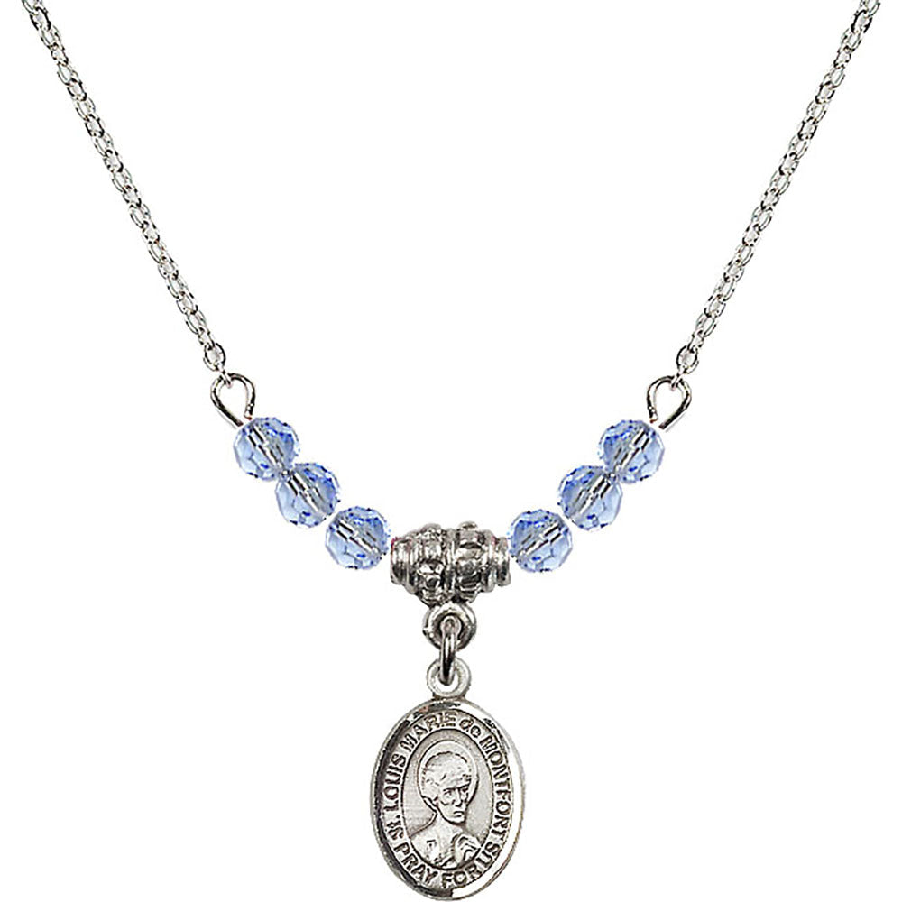 Sterling Silver Saint Louis Marie de Montfort Birthstone Necklace with Light Sapphire Beads - 9330
