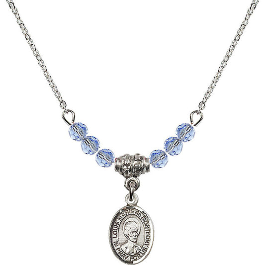 Sterling Silver Saint Louis Marie de Montfort Birthstone Necklace with Light Sapphire Beads - 9330