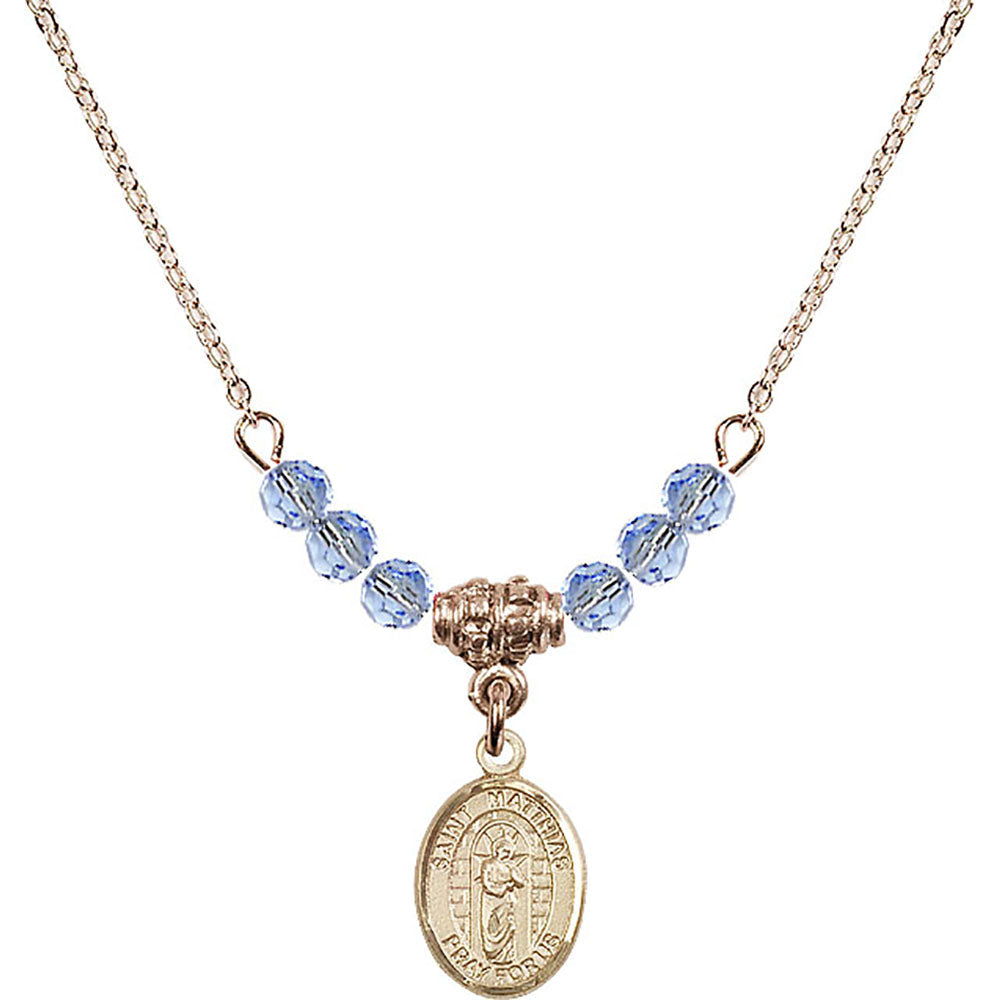14kt Gold Filled Saint Matthias the Apostle Birthstone Necklace with Light Sapphire Beads - 9331