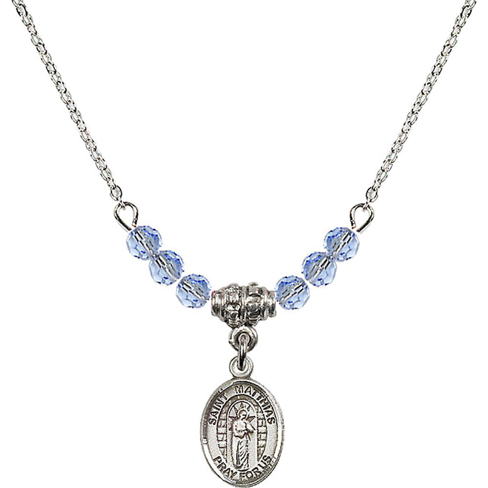 Sterling Silver Saint Matthias the Apostle Birthstone Necklace with Light Sapphire Beads - 9331