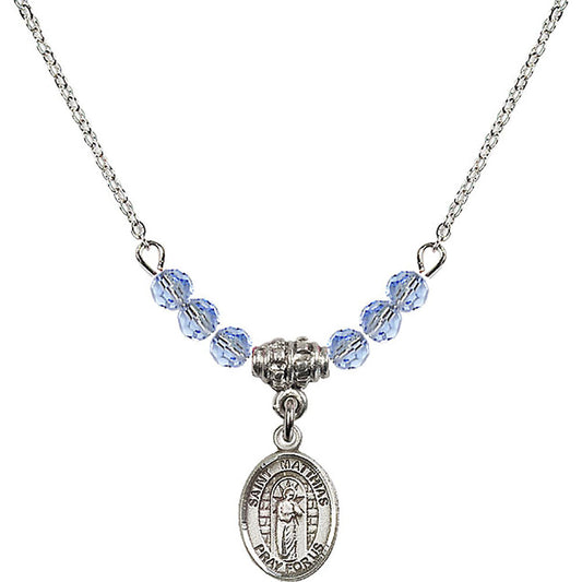 Sterling Silver Saint Matthias the Apostle Birthstone Necklace with Light Sapphire Beads - 9331
