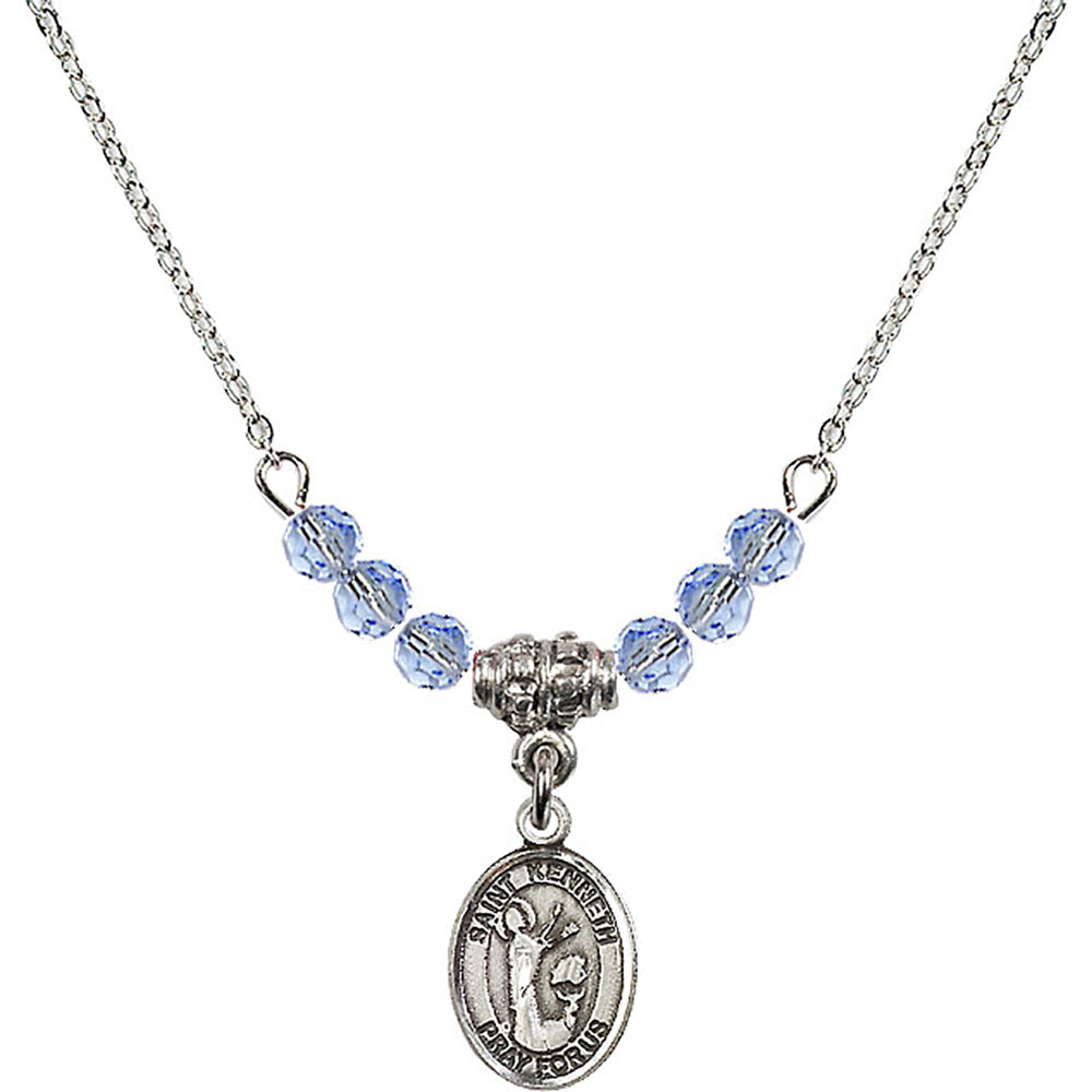 Sterling Silver Saint Kenneth Birthstone Necklace with Light Sapphire Beads - 9332