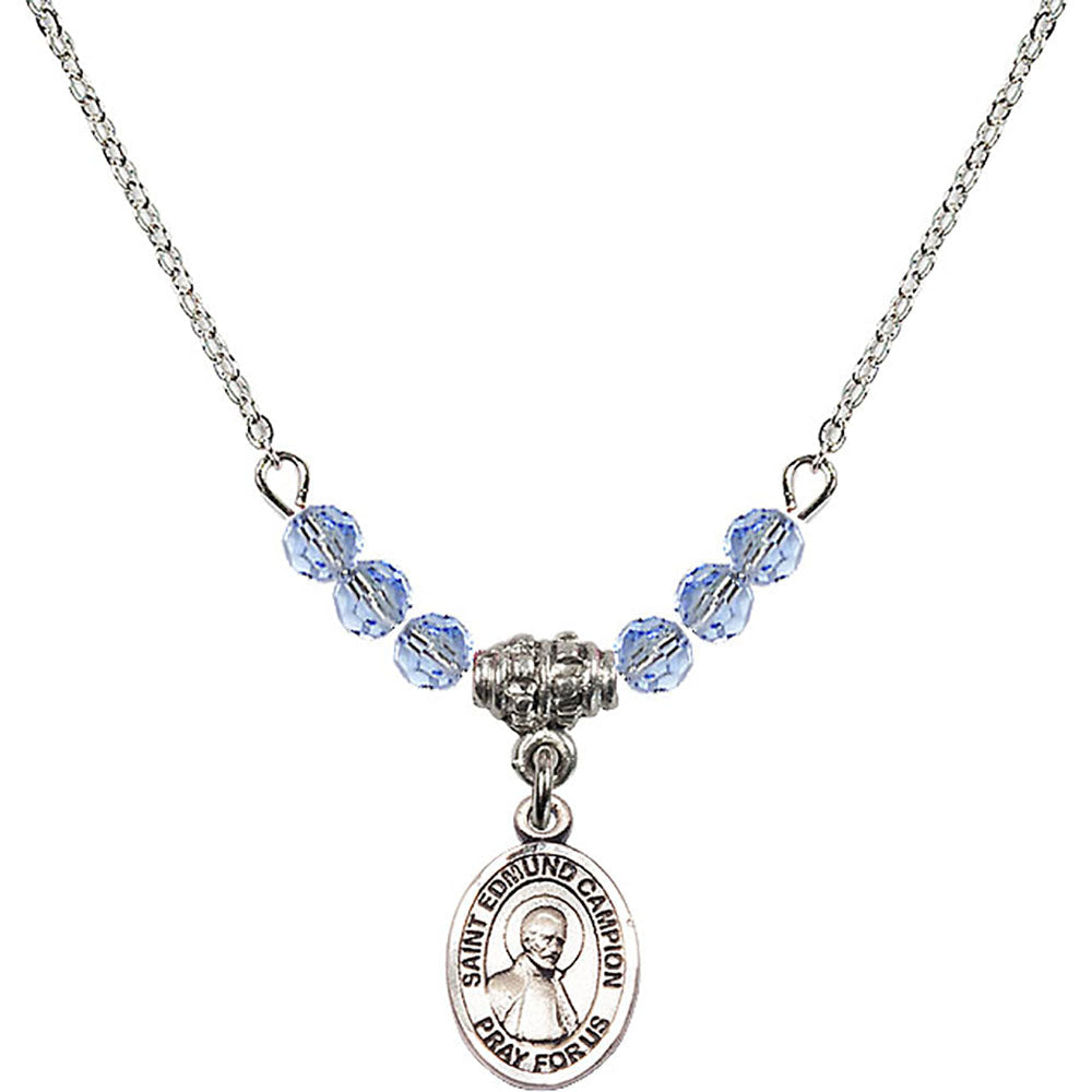 Sterling Silver Saint Edmund Campion Birthstone Necklace with Light Sapphire Beads - 9333
