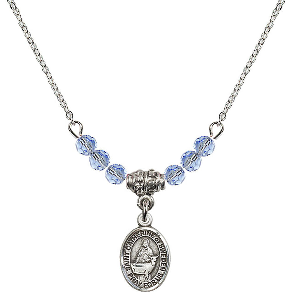 Sterling Silver Saint Catherine of Sweden Birthstone Necklace with Light Sapphire Beads - 9336