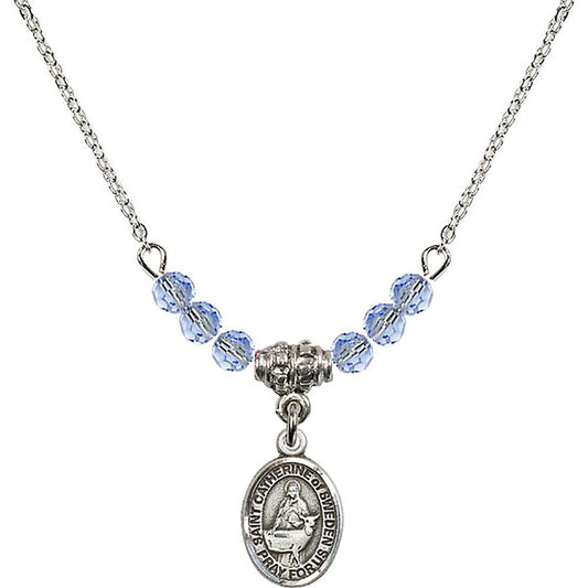 Sterling Silver Saint Catherine of Sweden Birthstone Necklace with Light Sapphire Beads - 9336