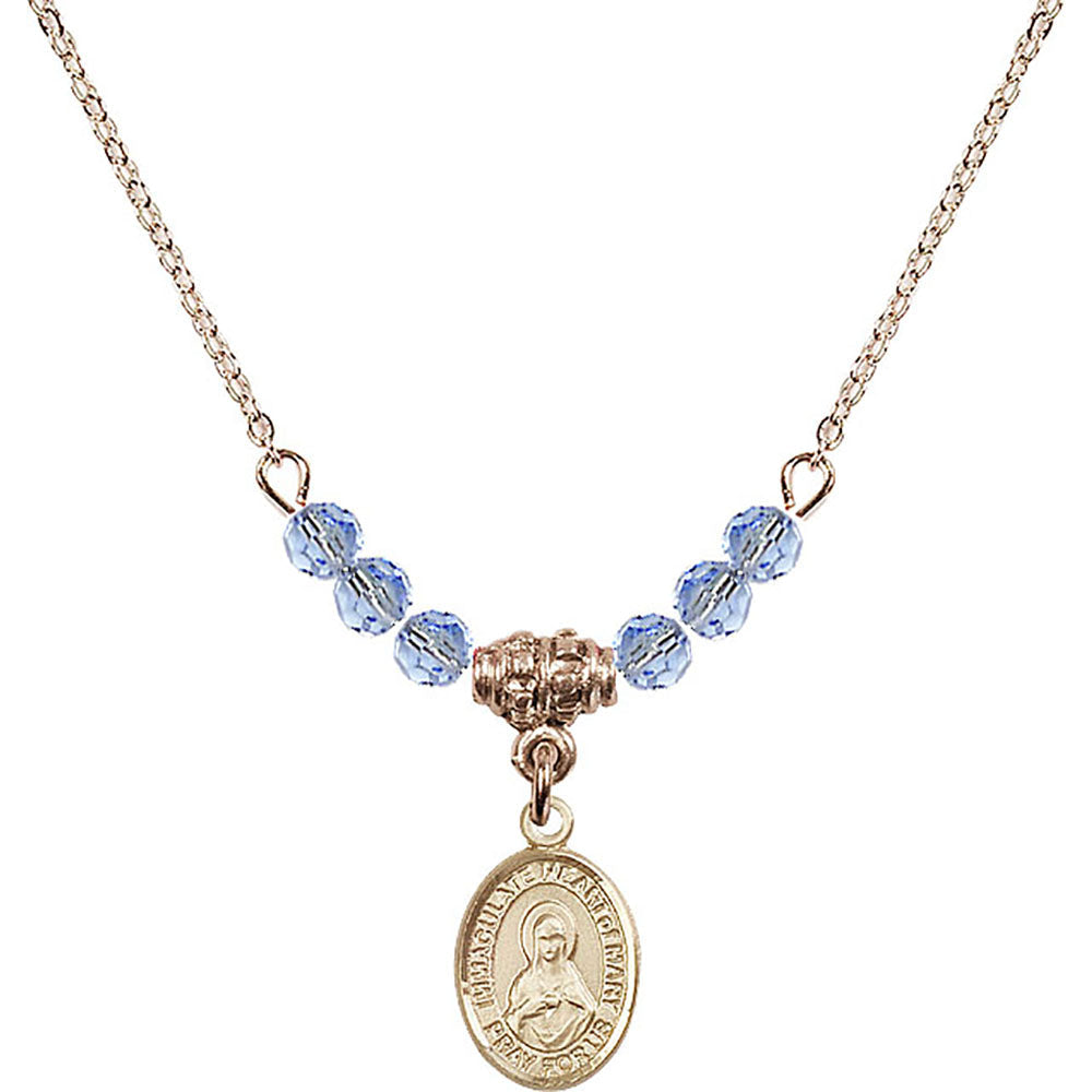 14kt Gold Filled Immaculate Heart of Mary Birthstone Necklace with Light Sapphire Beads - 9337
