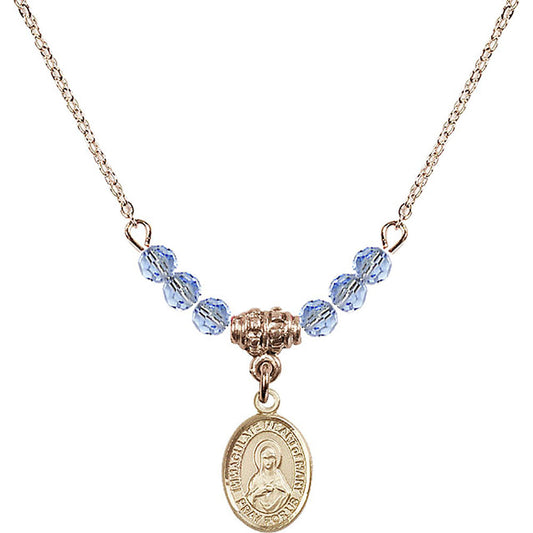 14kt Gold Filled Immaculate Heart of Mary Birthstone Necklace with Light Sapphire Beads - 9337