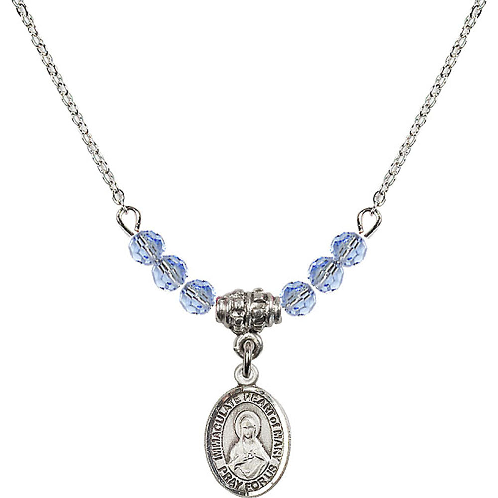 Sterling Silver Immaculate Heart of Mary Birthstone Necklace with Light Sapphire Beads - 9337