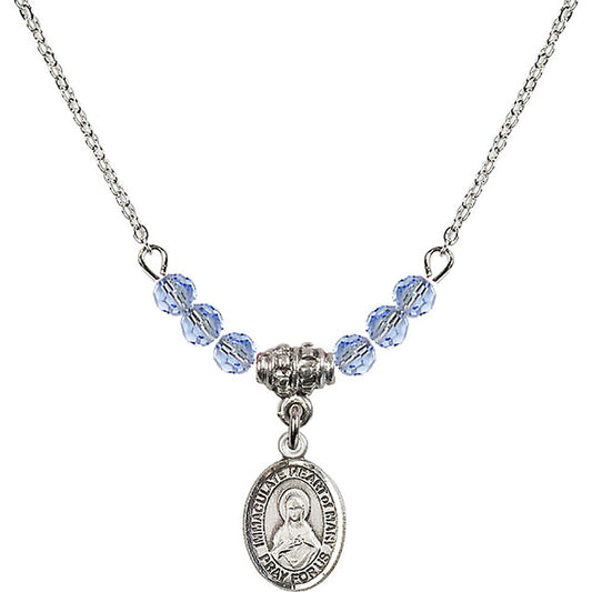 Sterling Silver Immaculate Heart of Mary Birthstone Necklace with Light Sapphire Beads - 9337