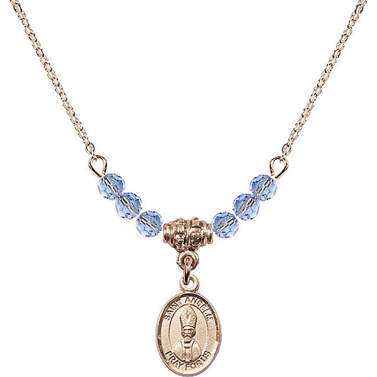 14kt Gold Filled Saint Anselm of Canterbury Birthstone Necklace with Light Sapphire Beads - 9342