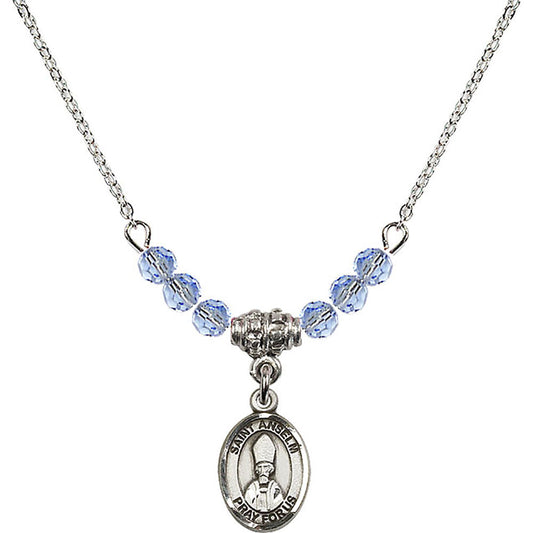 Sterling Silver Saint Anselm of Canterbury Birthstone Necklace with Light Sapphire Beads - 9342