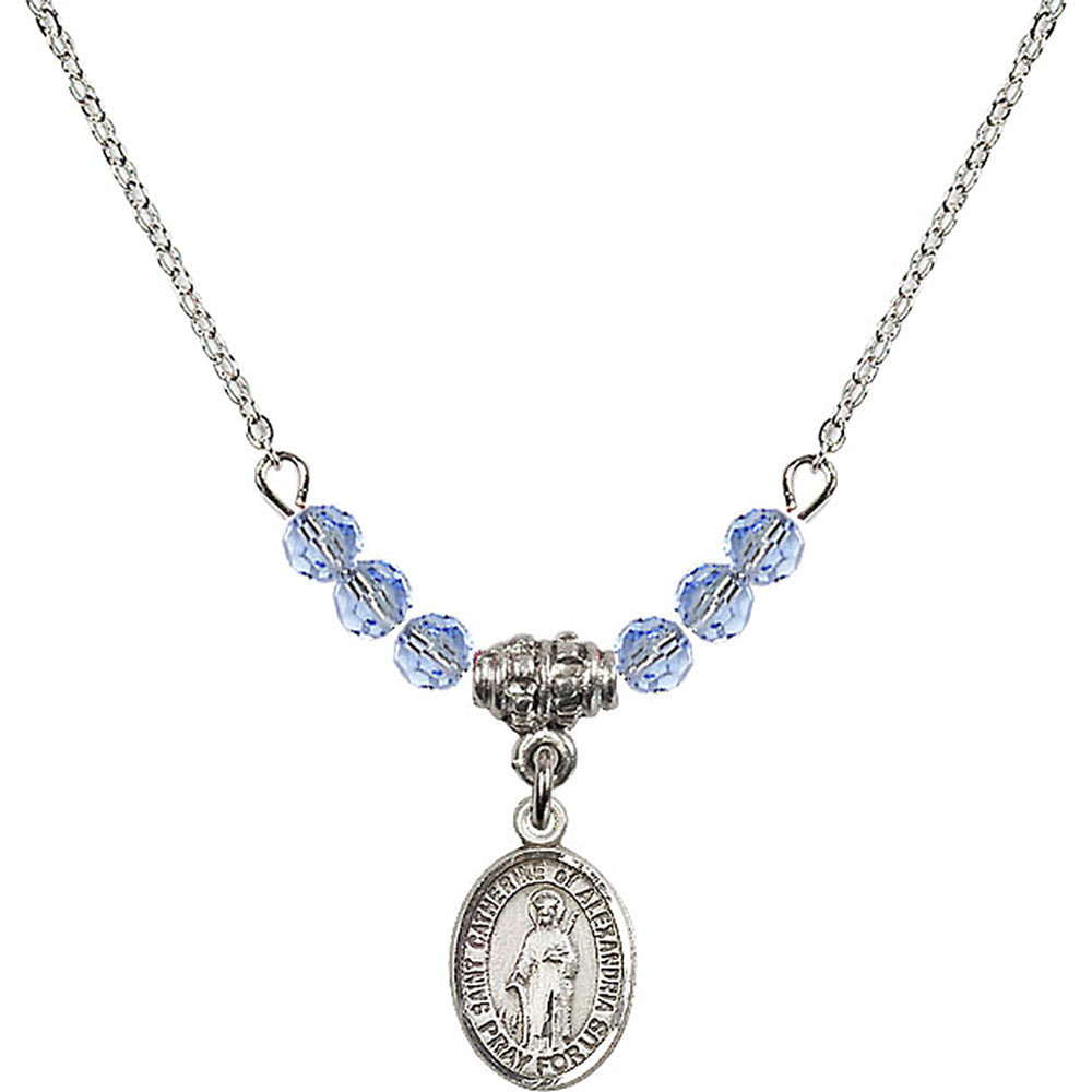 Sterling Silver Saint Catherine of Alexandria Birthstone Necklace with Light Sapphire Beads - 9343
