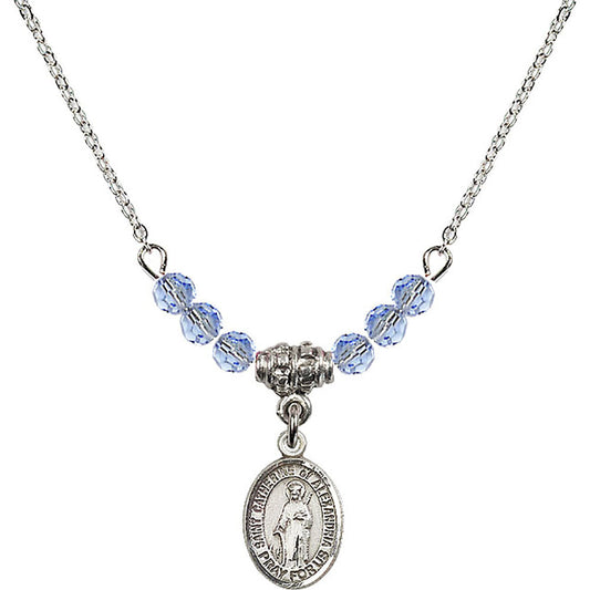 Sterling Silver Saint Catherine of Alexandria Birthstone Necklace with Light Sapphire Beads - 9343