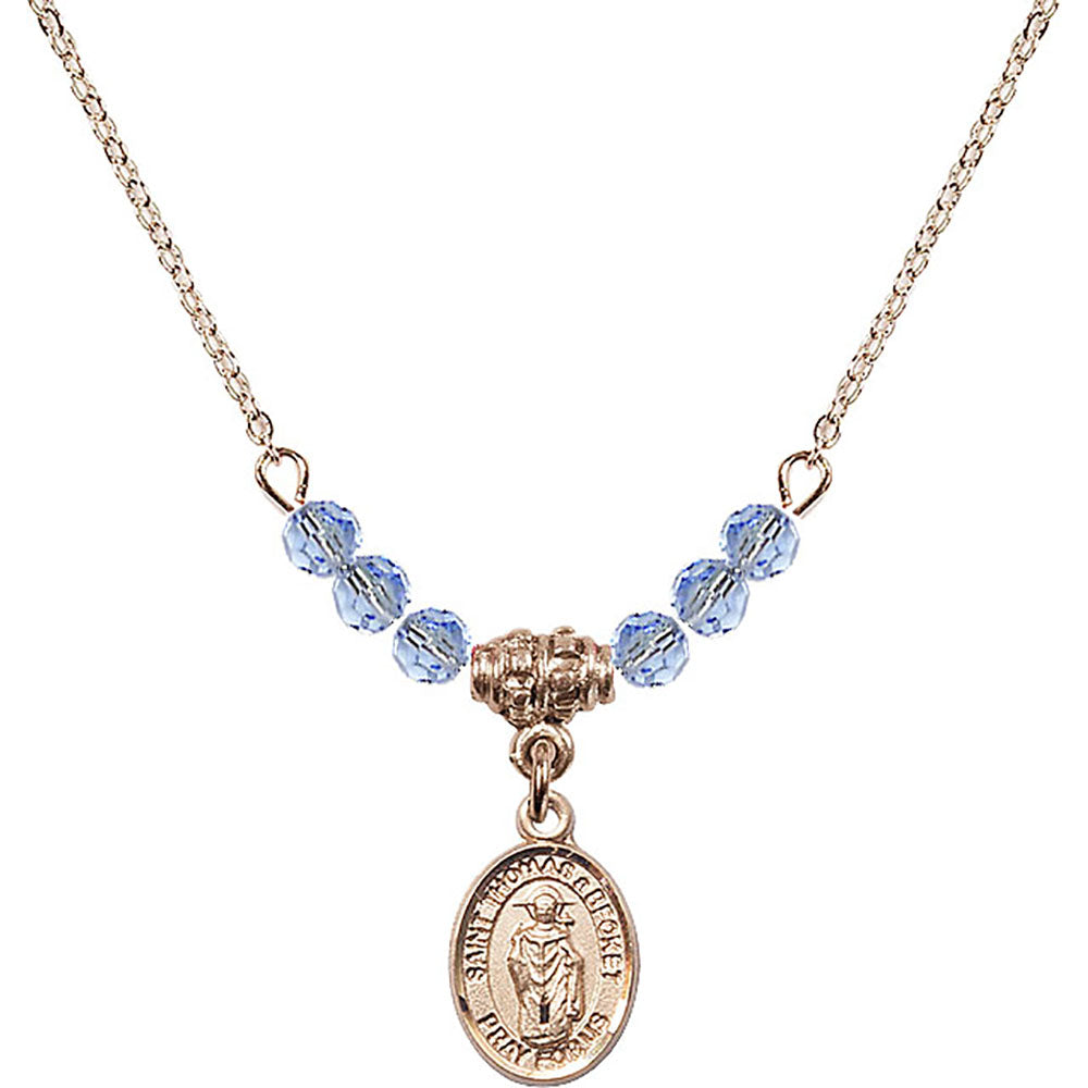 14kt Gold Filled Saint Thomas A Becket Birthstone Necklace with Light Sapphire Beads - 9344