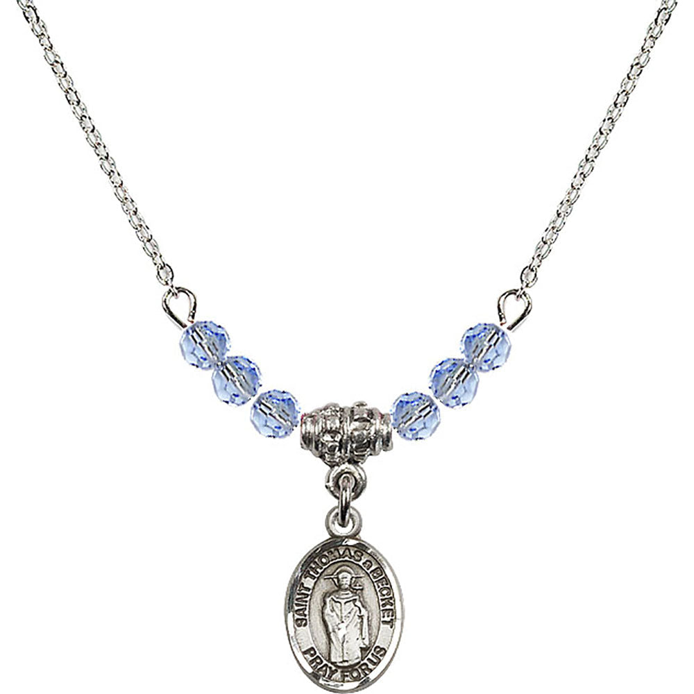 Sterling Silver Saint Thomas A Becket Birthstone Necklace with Light Sapphire Beads - 9344