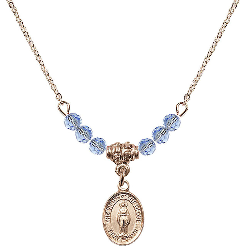 14kt Gold Filled Virgin of the Globe Birthstone Necklace with Light Sapphire Beads - 9345