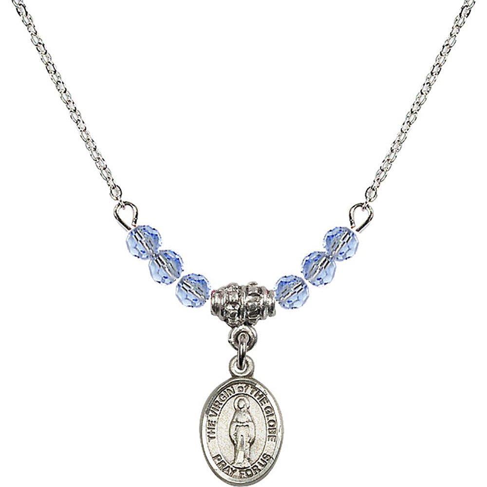 Sterling Silver Virgin of the Globe Birthstone Necklace with Light Sapphire Beads - 9345