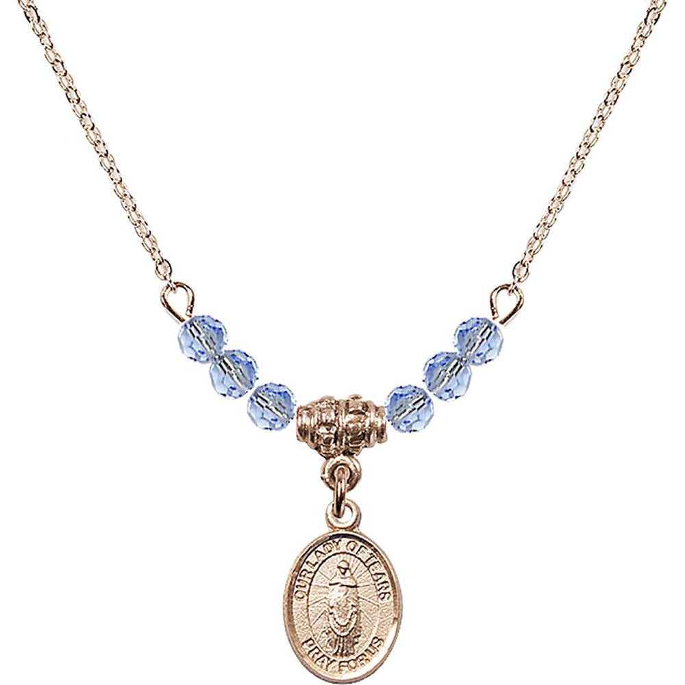 14kt Gold Filled Our Lady of Tears Birthstone Necklace with Light Sapphire Beads - 9346