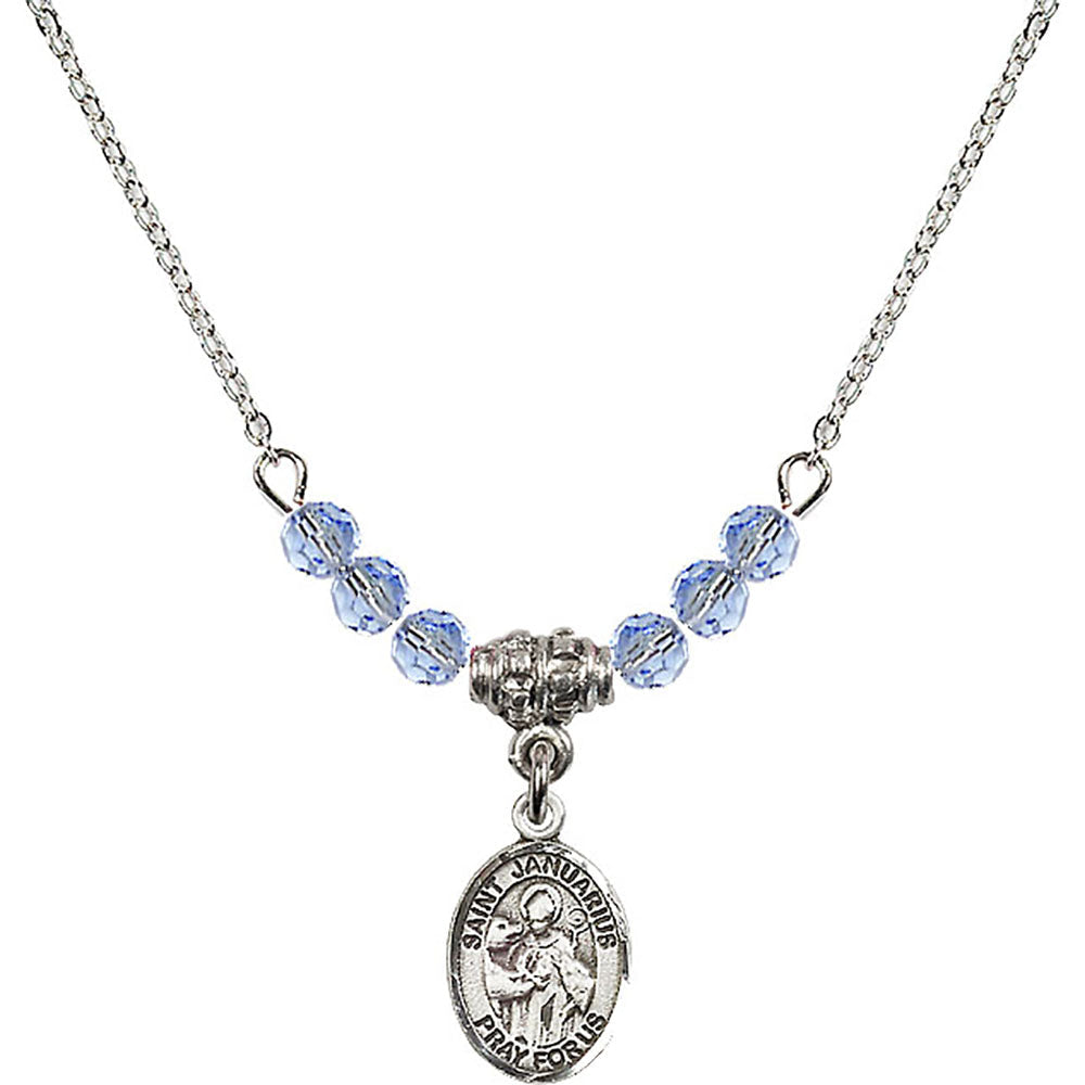 Sterling Silver Saint Januarius Birthstone Necklace with Light Sapphire Beads - 9351