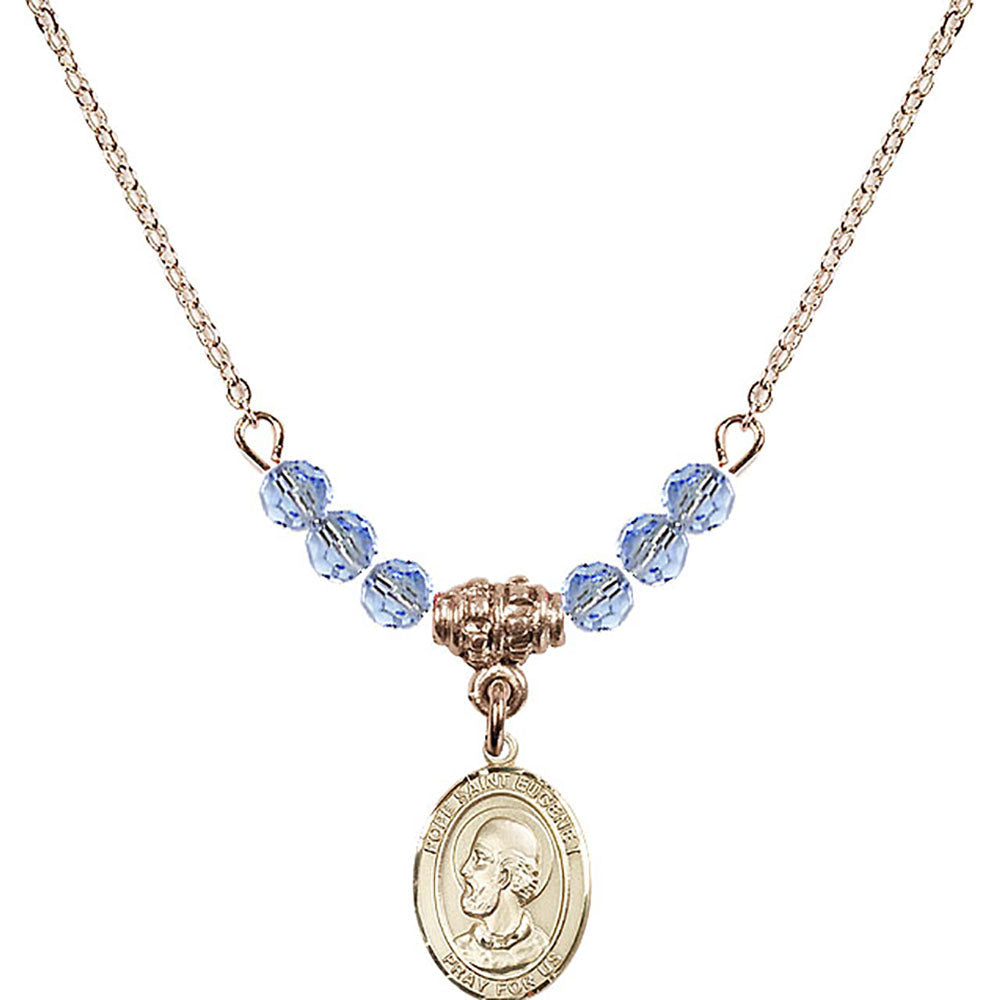 14kt Gold Filled Pope Saint Eugene I Birthstone Necklace with Light Sapphire Beads - 9352