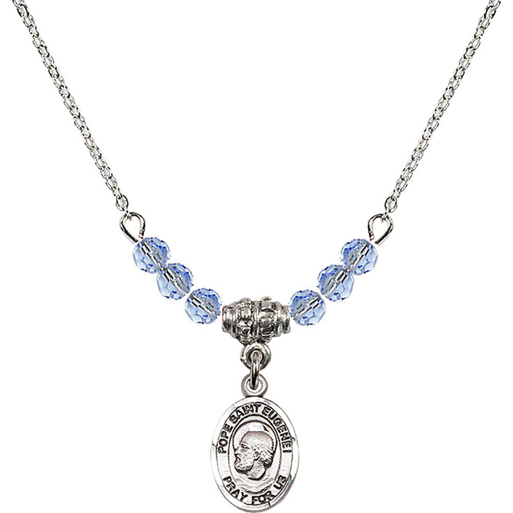 Sterling Silver Pope Saint Eugene I Birthstone Necklace with Light Sapphire Beads - 9352