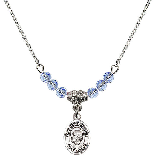 Sterling Silver Pope Saint Eugene I Birthstone Necklace with Light Sapphire Beads - 9352