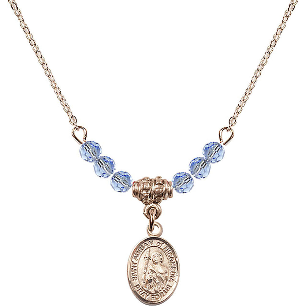 14kt Gold Filled Saint Adrian of Nicomedia Birthstone Necklace with Light Sapphire Beads - 9353