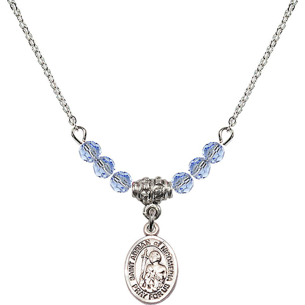 Sterling Silver Saint Adrian of Nicomedia Birthstone Necklace with Light Sapphire Beads - 9353