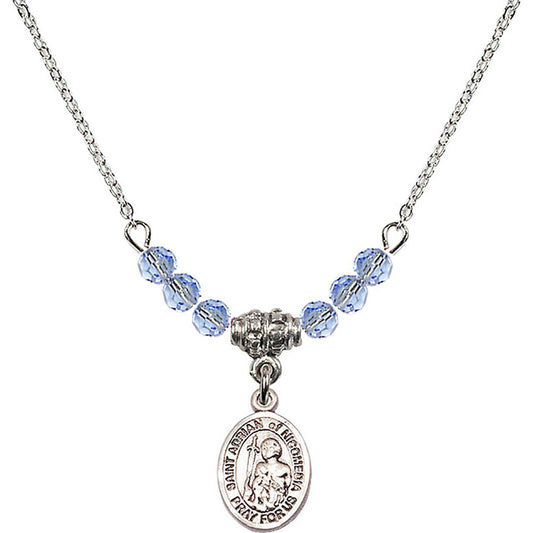 Sterling Silver Saint Adrian of Nicomedia Birthstone Necklace with Light Sapphire Beads - 9353