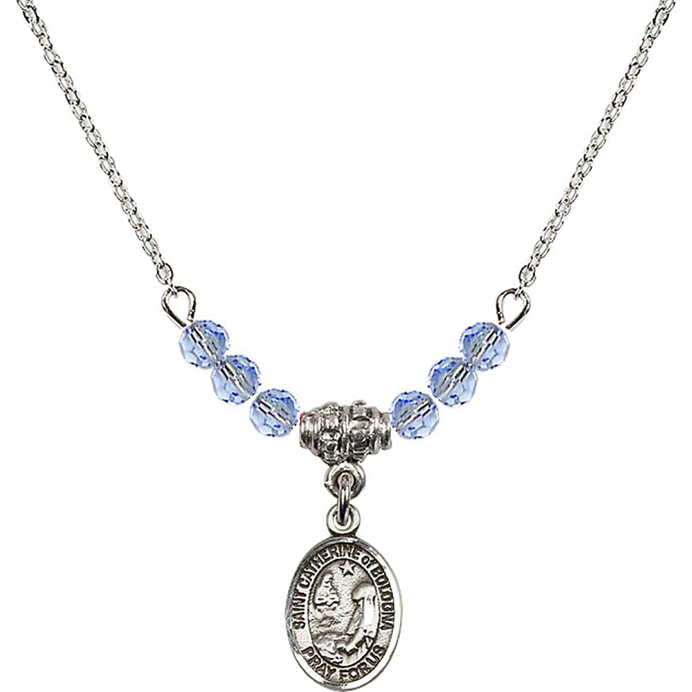 Sterling Silver Saint Catherine of Bologna Birthstone Necklace with Light Sapphire Beads - 9354
