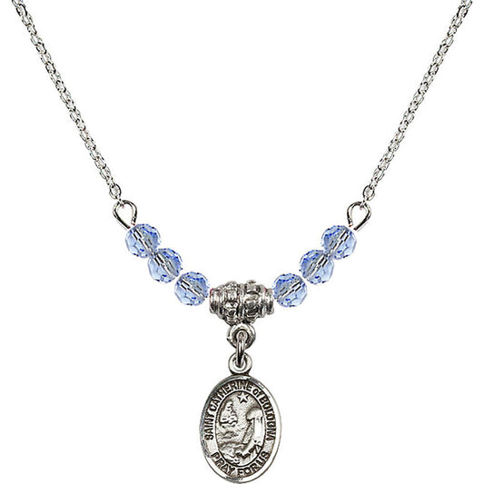 Sterling Silver Saint Catherine of Bologna Birthstone Necklace with Light Sapphire Beads - 9354