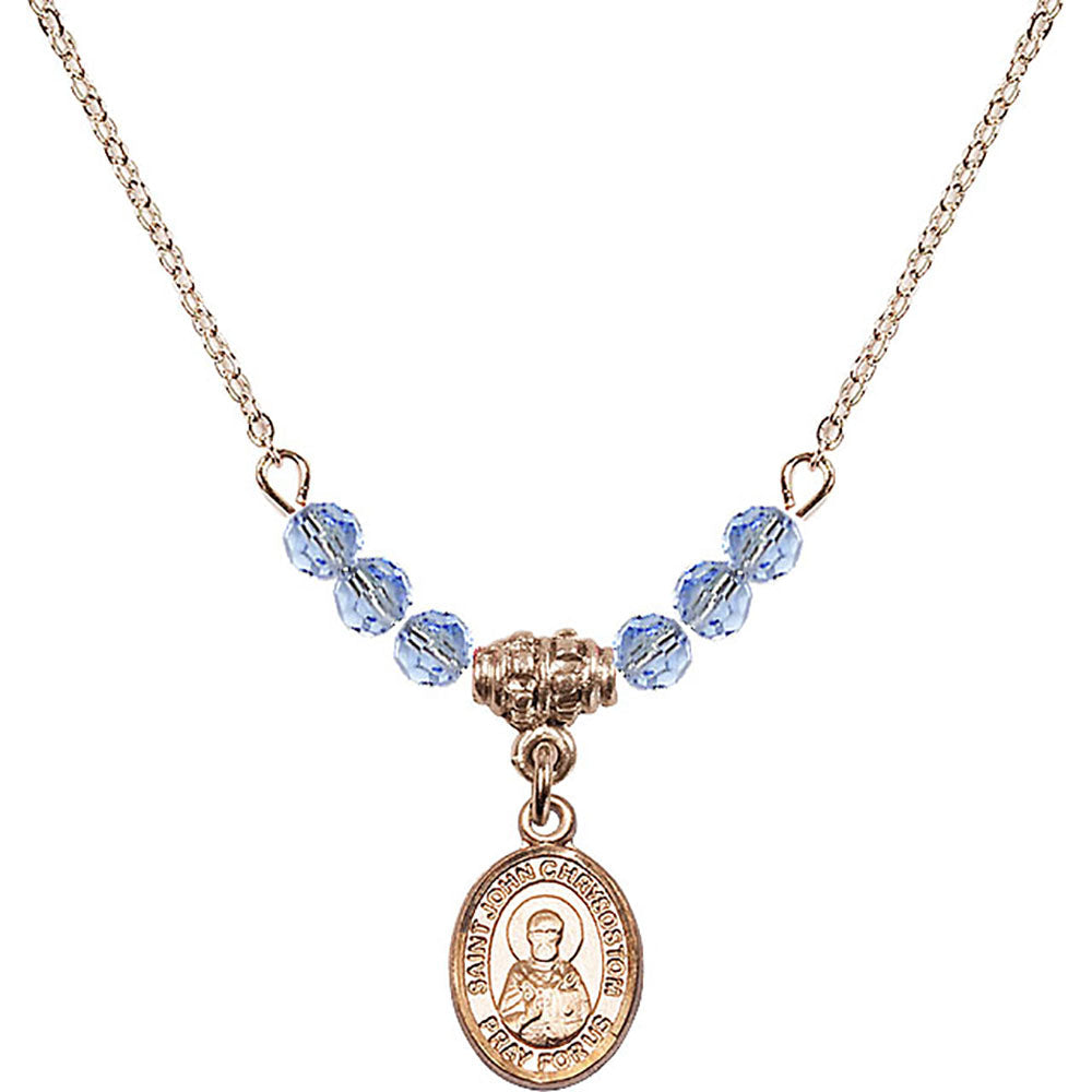 14kt Gold Filled Saint John Chrysostom Birthstone Necklace with Light Sapphire Beads - 9357