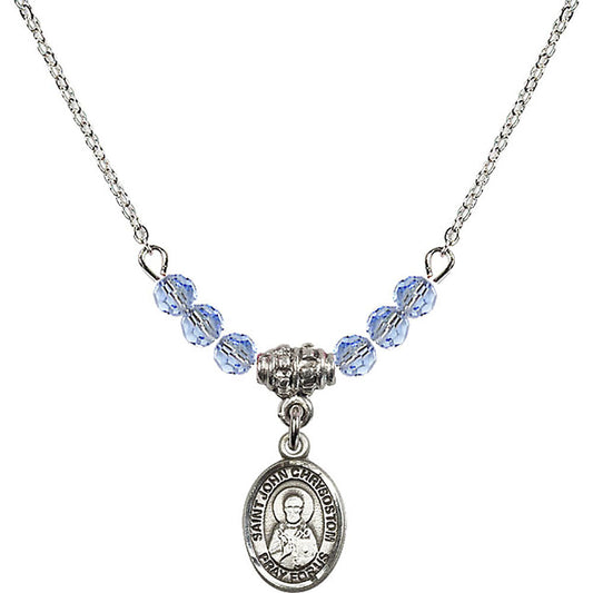 Sterling Silver Saint John Chrysostom Birthstone Necklace with Light Sapphire Beads - 9357