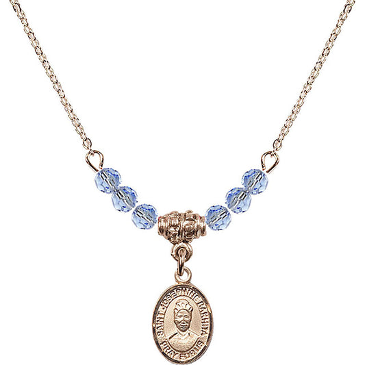 14kt Gold Filled Saint Josephine Bakhita Birthstone Necklace with Light Sapphire Beads - 9360
