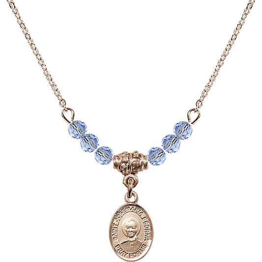 14kt Gold Filled Saint Josemaria Escriva Birthstone Necklace with Light Sapphire Beads - 9362