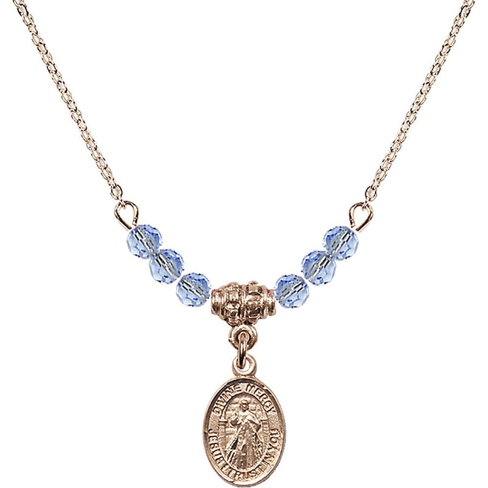 14kt Gold Filled Divine Mercy Birthstone Necklace with Light Sapphire Beads - 9366