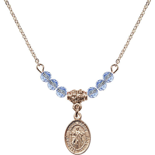 14kt Gold Filled Divine Mercy Birthstone Necklace with Light Sapphire Beads - 9366