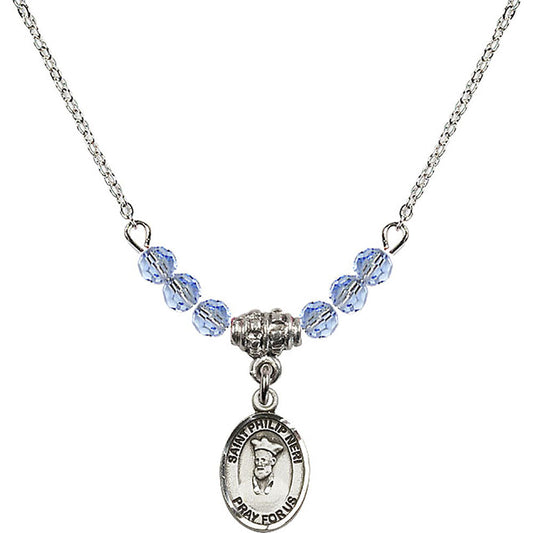 Sterling Silver Saint Philip Neri Birthstone Necklace with Light Sapphire Beads - 9369
