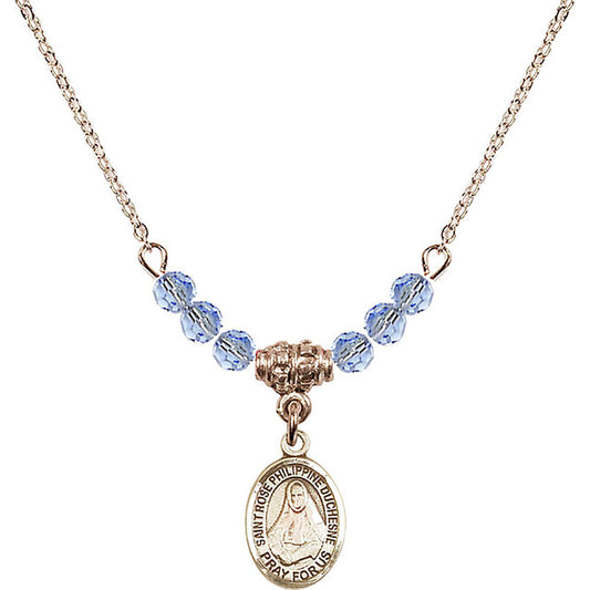 14kt Gold Filled Saint Rose Philippine Duchesne Birthstone Necklace with Light Sapphire Beads - 9371