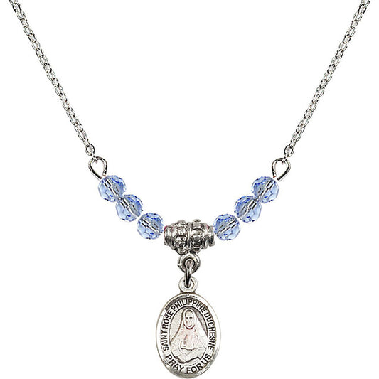 Sterling Silver Saint Rose Philippine Duchesne Birthstone Necklace with Light Sapphire Beads - 9371