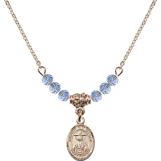 14kt Gold Filled Saint Andrew Kim Taegon Birthstone Necklace with Light Sapphire Beads - 9373