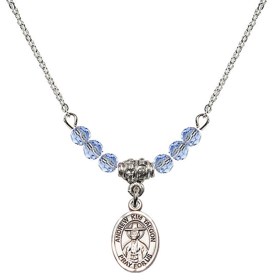 Sterling Silver Saint Andrew Kim Taegon Birthstone Necklace with Light Sapphire Beads - 9373