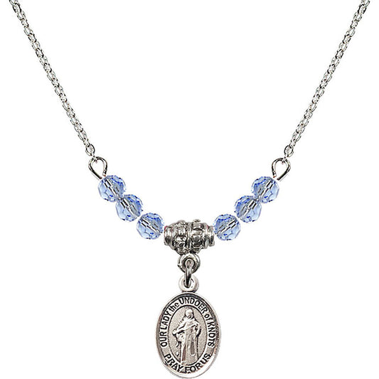 Sterling Silver Our Lady the Undoer of Knots Birthstone Necklace with Light Sapphire Beads - 9383